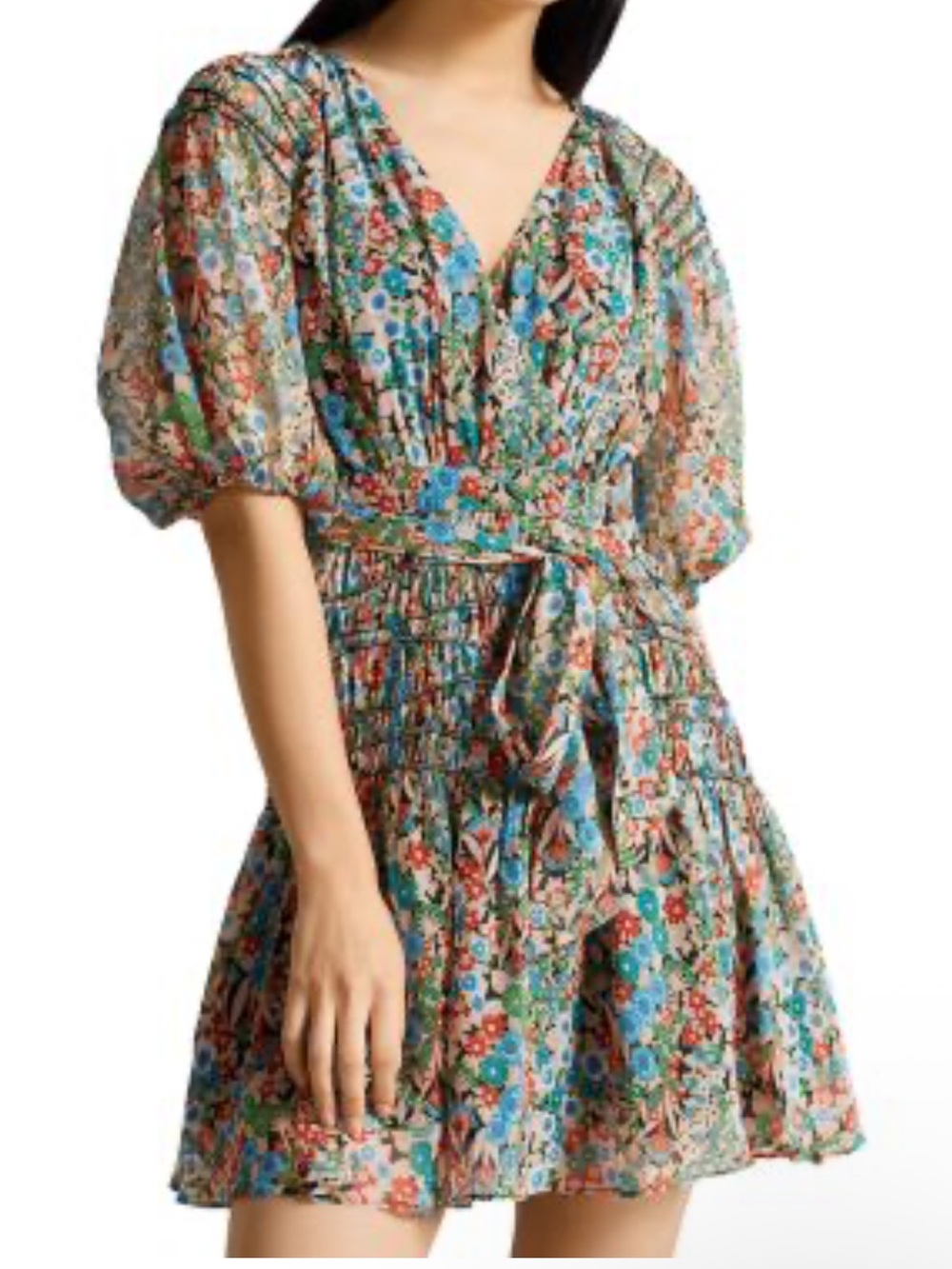 Ted Baker Multicolor Floral V-Neck Puff-Sleeve Mini Dress